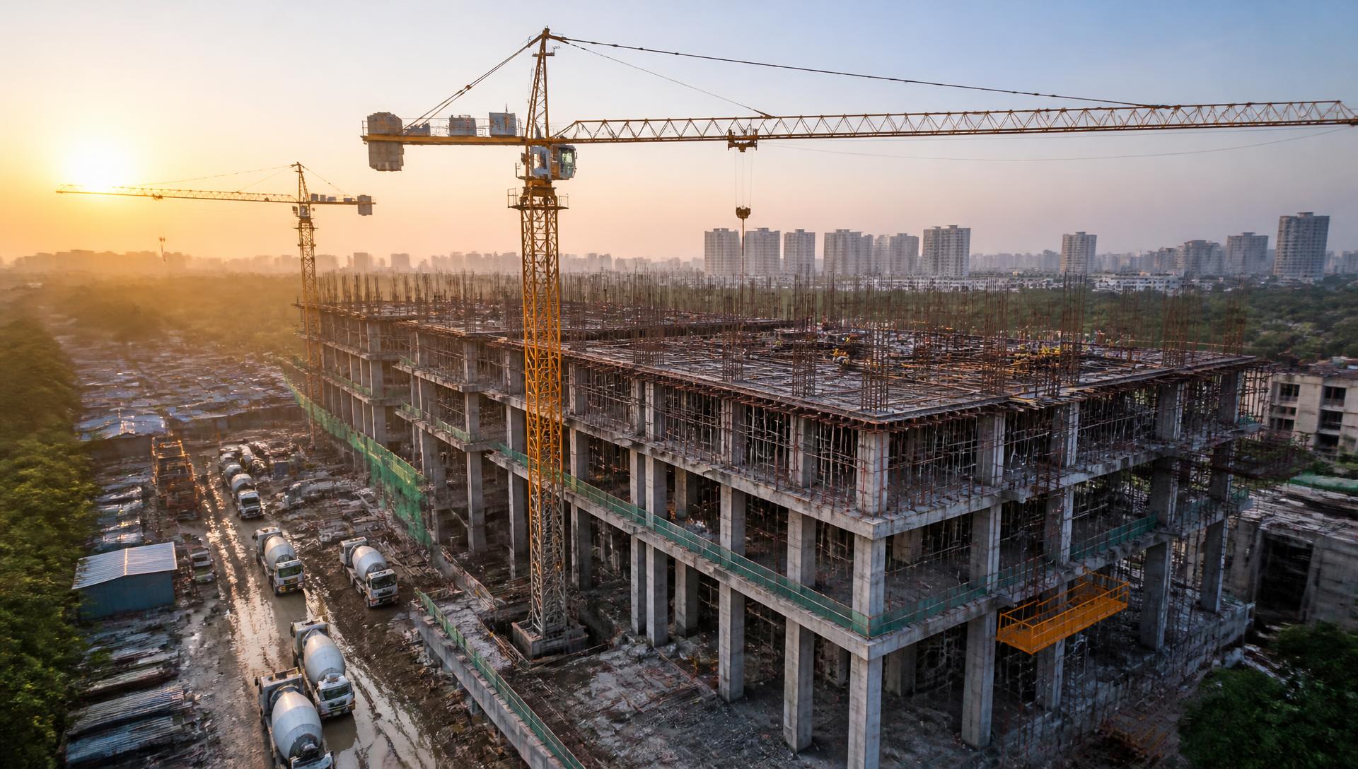 Aerial view of an active Spade Projects construction site with tower cranes and transit mixers